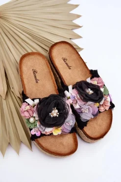 Discount Boto Materiałowe Klapki Z Kwiatami Czarne Nessa