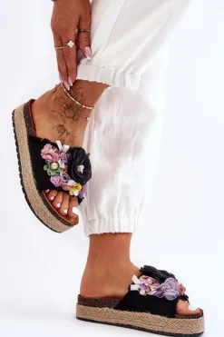 Discount Boto Materiałowe Klapki Z Kwiatami Czarne Nessa