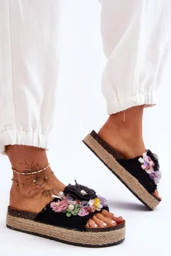 Discount Boto Materiałowe Klapki Z Kwiatami Czarne Nessa