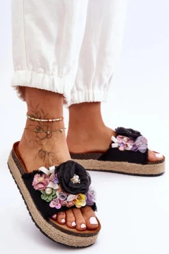 Discount Boto Materiałowe Klapki Z Kwiatami Czarne Nessa