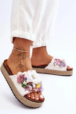 Klapki Korkowe|Klapki Damskie Klasyczne>Boto Materiałowe Klapki Z Kwiatami Białe Nessa