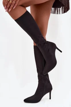 Kozaki Ocieplane|Kozaki Na Szpilce>Damskie buty S.Barski Materiałowe Kozaki Damskie Na Szpilce S.Barski HY52-513 Czarne