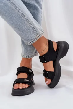 Boto Materiałowe Lekkie Sandały Na Platformie Czarne Deniffia Czarny