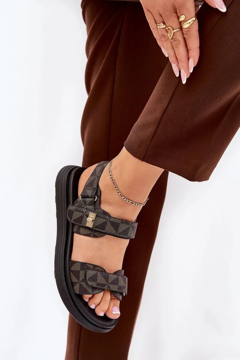 Best Materiałowe Sandały Damskie Na Platformie Czarno-Brązowe Leriot Damskie Sandały Płaskie