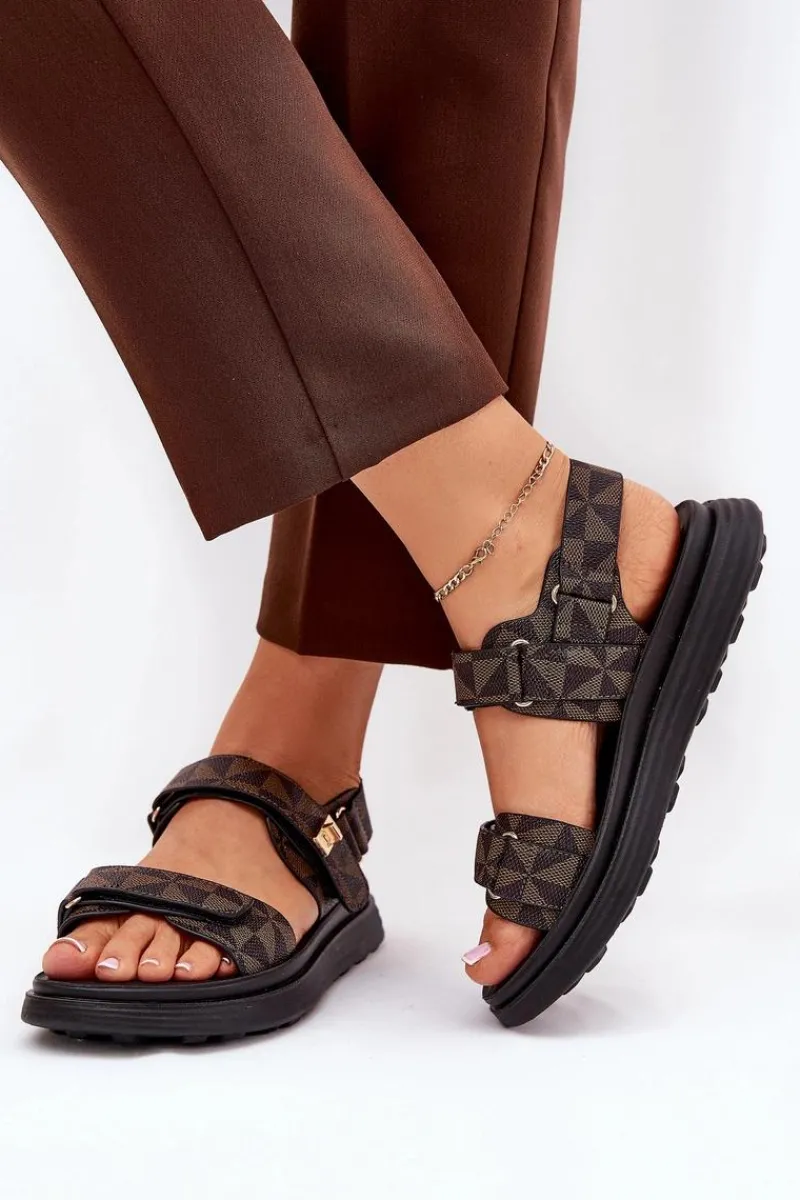 Best Materiałowe Sandały Damskie Na Platformie Czarno-Brązowe Leriot Damskie Sandały Płaskie