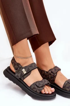 Best Materiałowe Sandały Damskie Na Platformie Czarno-Brązowe Leriot Damskie Sandały Płaskie