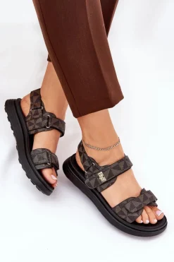 Best Materiałowe Sandały Damskie Na Platformie Czarno-Brązowe Leriot Damskie Sandały Płaskie