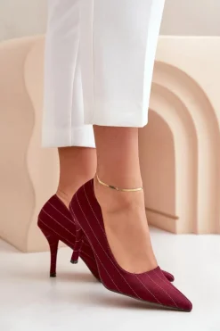 Online Materiałowe Szpilki Damskie W Paski Bordowe Tifidra Damskie Czółenka Klasyczne