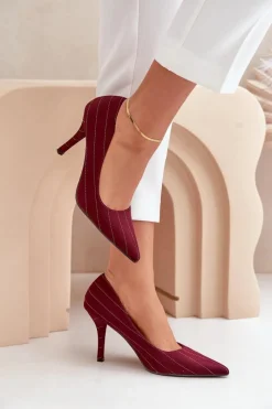 Online Materiałowe Szpilki Damskie W Paski Bordowe Tifidra Damskie Czółenka Klasyczne