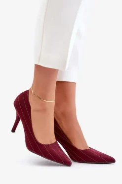 Online Materiałowe Szpilki Damskie W Paski Bordowe Tifidra Damskie Czółenka Klasyczne