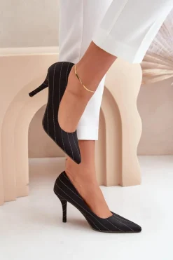 Sale Boto Materiałowe Szpilki Damskie W Paski Czarne Tifidra Czarny