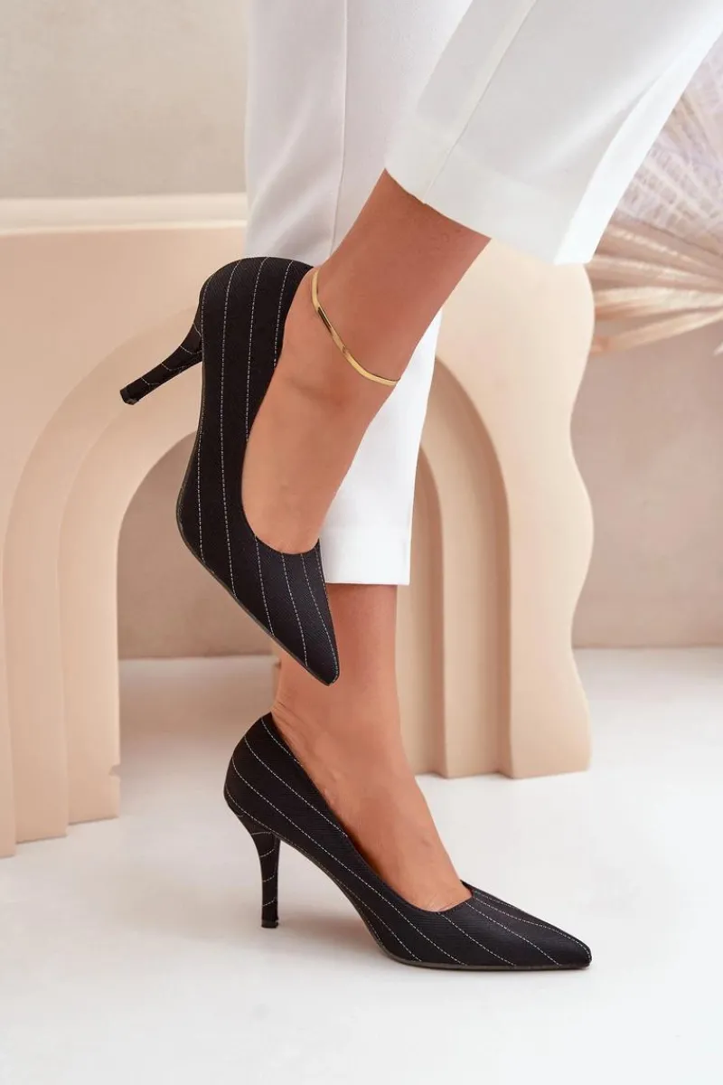 Sale Boto Materiałowe Szpilki Damskie W Paski Czarne Tifidra Czarny
