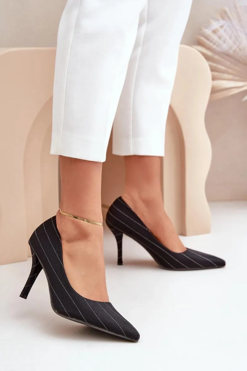 Sale Boto Materiałowe Szpilki Damskie W Paski Czarne Tifidra Czarny