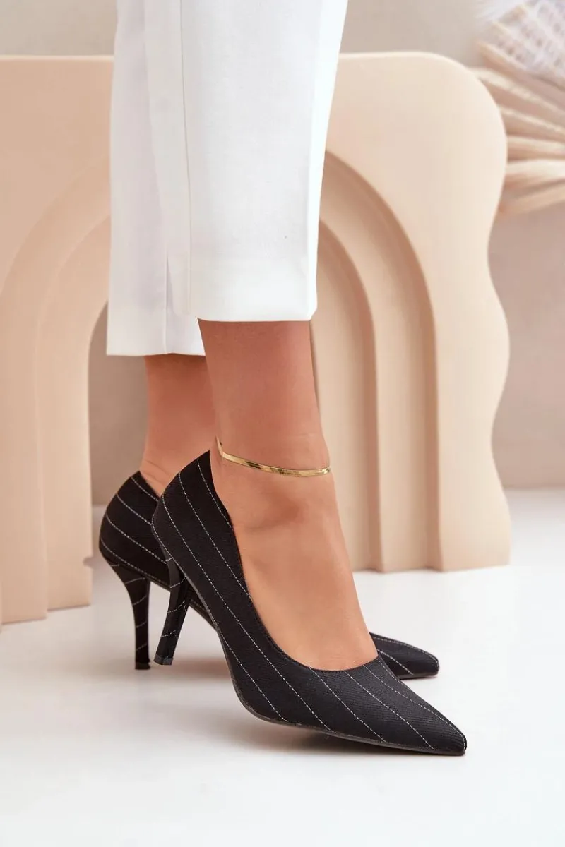 Sale Boto Materiałowe Szpilki Damskie W Paski Czarne Tifidra Czarny