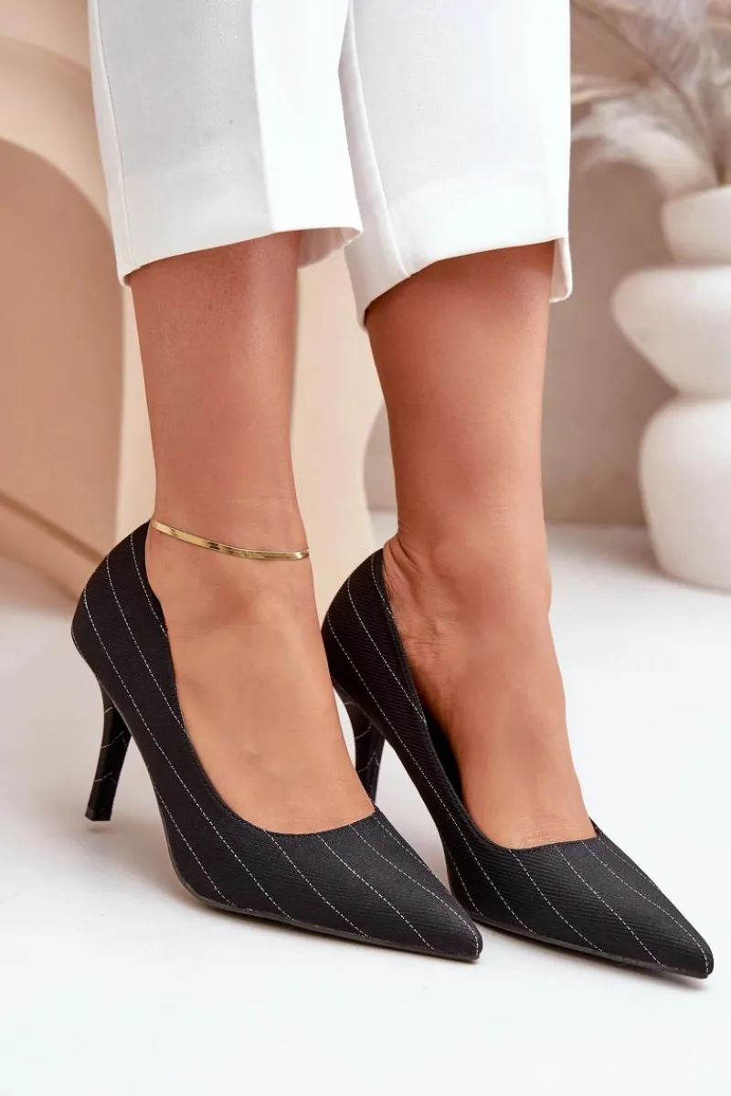 Sale Boto Materiałowe Szpilki Damskie W Paski Czarne Tifidra Czarny