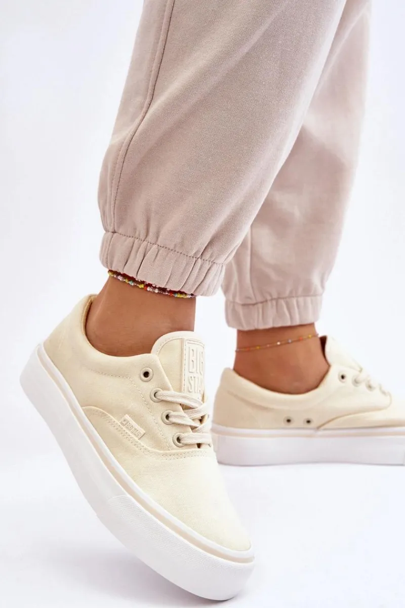 Trampki Damskie Big Star|Trampki Damskie Niskie>Big Star Shoes Materiałowe Tenisówki Na Platformie Big Star LL274144 Jasnożółte