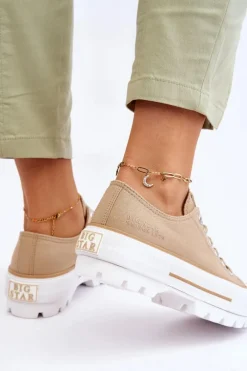 Outlet Materiałowe Trampki Na Platformie Big Star LL274154 Beżowe Damskie Trampki Damskie Big Star|Trampki Damskie Niskie