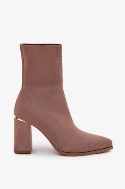 Clearance Boto Materiałowe Wsuwane Botki Damskie Na Słupku Beżowe Virelle Beżowy