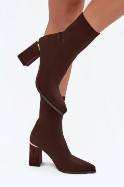 New Boto Materiałowe Wsuwane Botki Damskie Na Słupku Czekoladowe Virelle