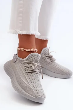 Outlet Materiałowe Wsuwane Buty Sportowe Damskie Szare Nelmarie Damskie Sneakersy Damskie