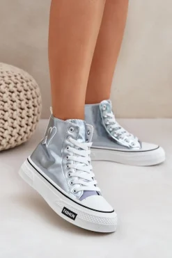 Metaliczne Wysokie Trampki Damskie Z Serduszkiem Niebieskie Sumehra Damskie Trampki Damskie Wysokie