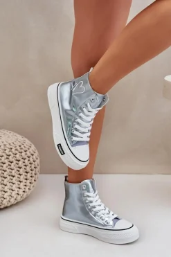 Metaliczne Wysokie Trampki Damskie Z Serduszkiem Niebieskie Sumehra Damskie Trampki Damskie Wysokie