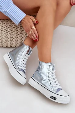 Metaliczne Wysokie Trampki Damskie Z Serduszkiem Niebieskie Sumehra Damskie Trampki Damskie Wysokie