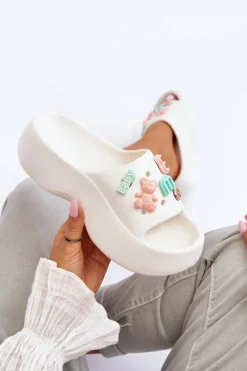 Outlet Boto Miękkie Damskie Piankowe Klapki Z Ozdobami Białe Lorie