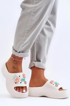 Outlet Boto Miękkie Damskie Piankowe Klapki Z Ozdobami Białe Lorie