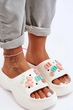 Outlet Boto Miękkie Damskie Piankowe Klapki Z Ozdobami Białe Lorie