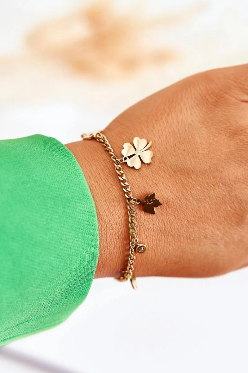 Outlet Glam Chic Modna Bransoletka Z Koniczyną I Liśćmi Złota
