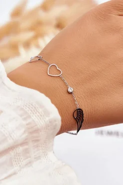 Bransoletki>Boto Modna Bransoletka Ze Stali Nierdzewnej Skrzydło I Dwa Serca Srebrna