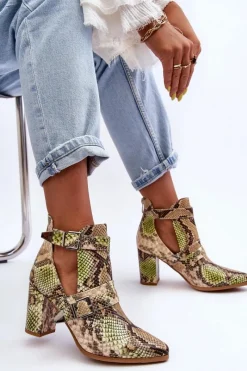 Botki Na Słupku|Botki Na Obcasie>Boto Modne Botki Na Słupku Z Wycięciami Beżowo-Zielone Suelo