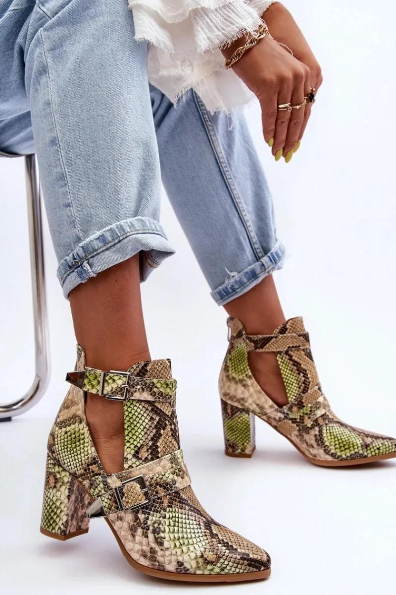 Botki Na Słupku|Botki Na Obcasie>Boto Modne Botki Na Słupku Z Wycięciami Beżowo-Zielone Suelo