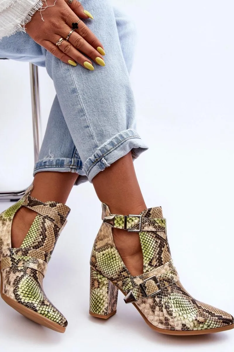 Botki Na Słupku|Botki Na Obcasie>Boto Modne Botki Na Słupku Z Wycięciami Beżowo-Zielone Suelo