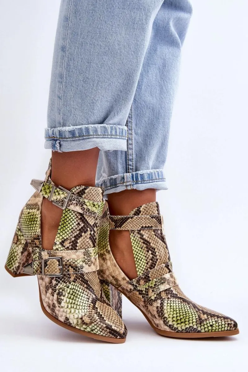 Botki Na Słupku|Botki Na Obcasie>Boto Modne Botki Na Słupku Z Wycięciami Beżowo-Zielone Suelo