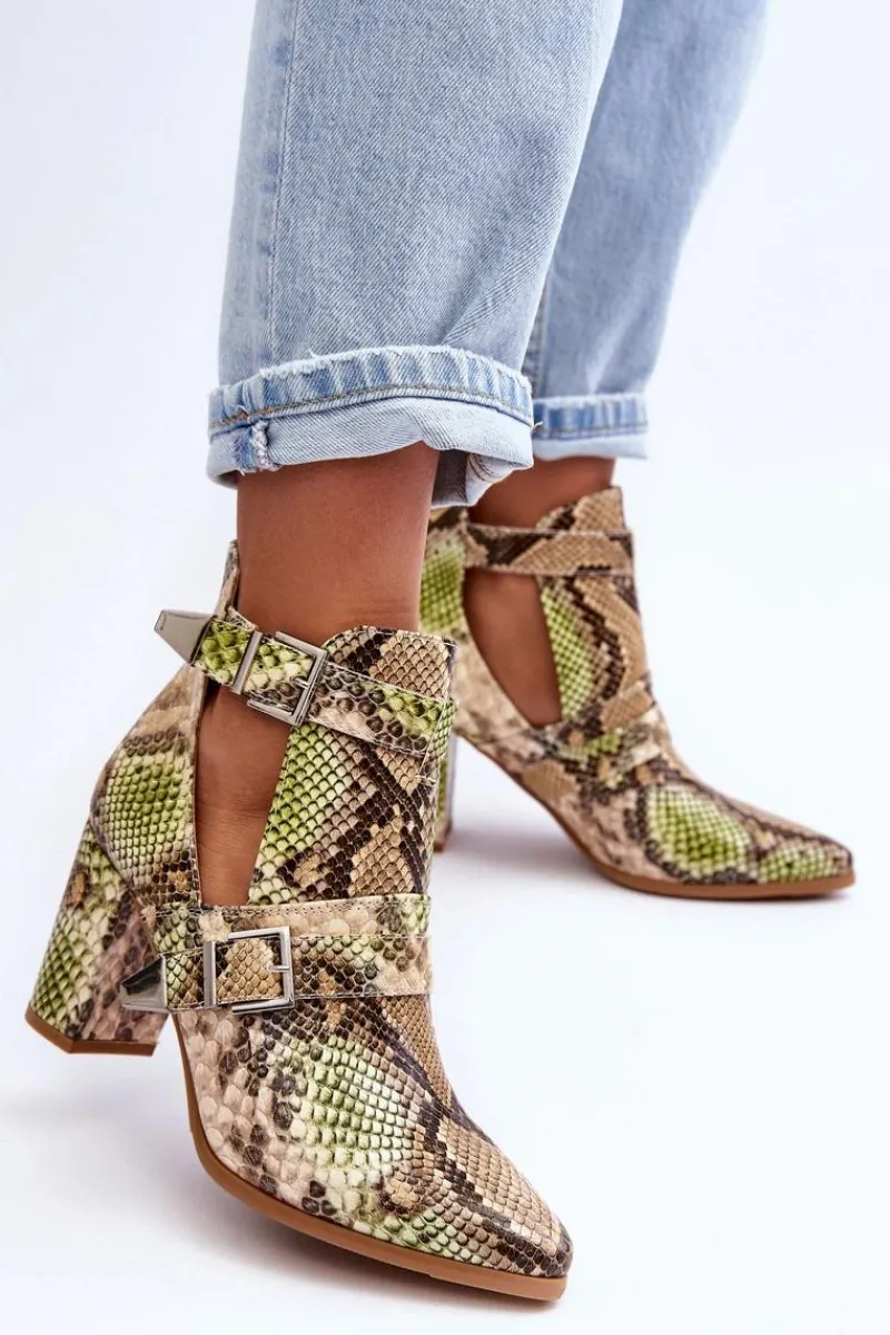 Botki Na Słupku|Botki Na Obcasie>Boto Modne Botki Na Słupku Z Wycięciami Beżowo-Zielone Suelo
