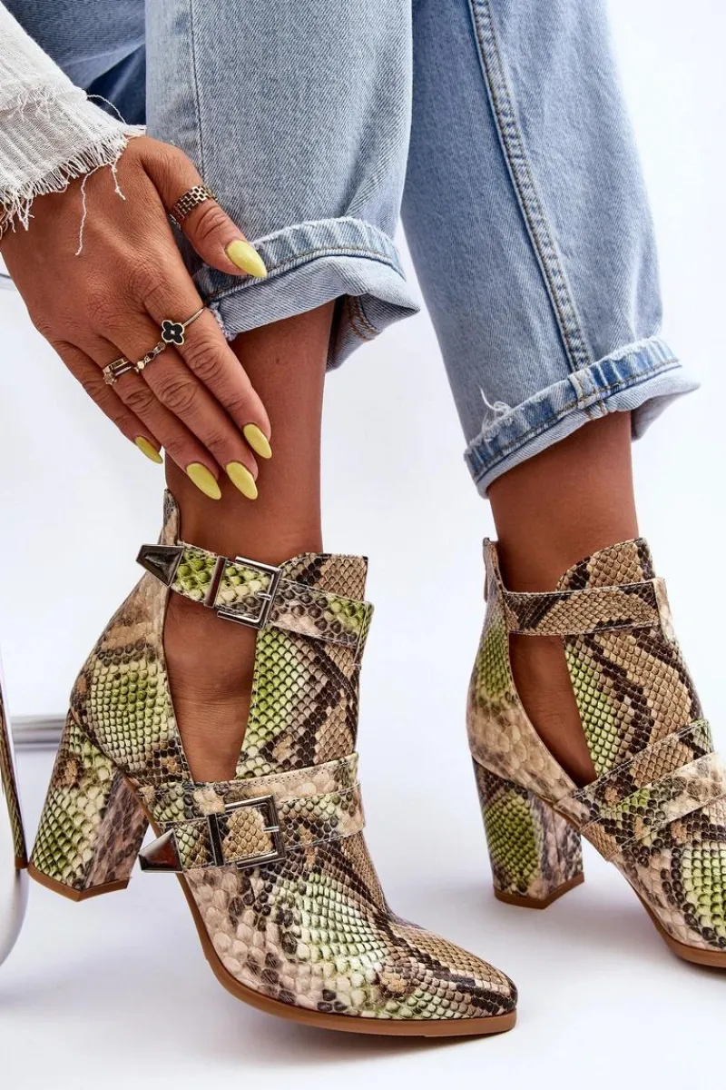 Botki Na Słupku|Botki Na Obcasie>Boto Modne Botki Na Słupku Z Wycięciami Beżowo-Zielone Suelo