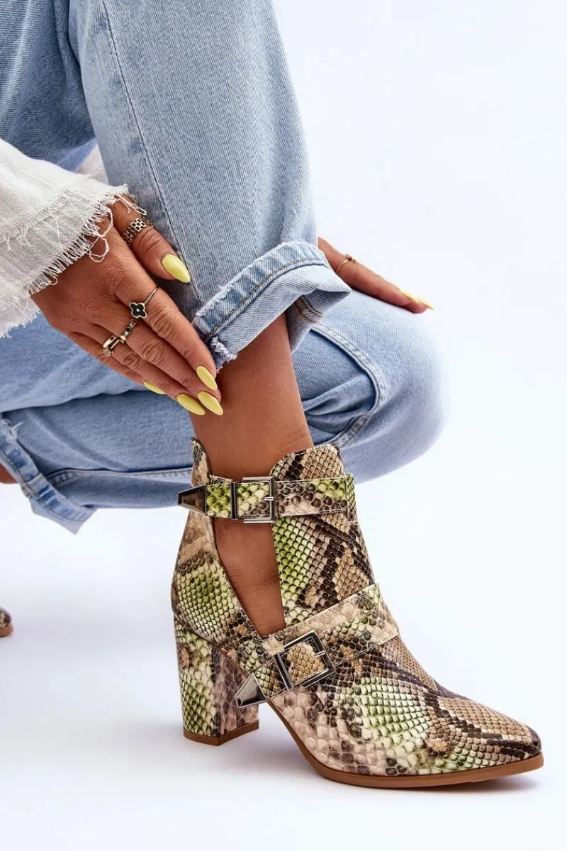 Botki Na Słupku|Botki Na Obcasie>Boto Modne Botki Na Słupku Z Wycięciami Beżowo-Zielone Suelo