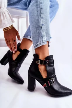New Modne Botki Na Słupku Z Wycięciami Czarne Suelo Damskie Botki Wiosenne|Botki Na Słupku