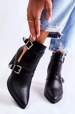 New Modne Botki Na Słupku Z Wycięciami Czarne Suelo Damskie Botki Wiosenne|Botki Na Słupku