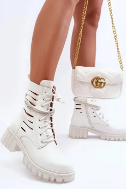 Outlet Boto Modne Botki Workery Z Ozdobnym Paseczkiem Białe Rocky