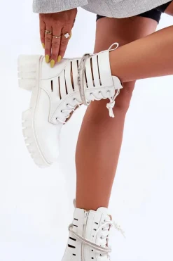 Outlet Boto Modne Botki Workery Z Ozdobnym Paseczkiem Białe Rocky