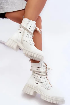 Outlet Boto Modne Botki Workery Z Ozdobnym Paseczkiem Białe Rocky