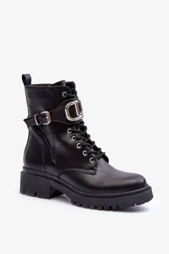 Clearance Modne Botki Workery Z Ozdobą Czarne Ollia Damskie Botki Sznurowane|Czarne Botki