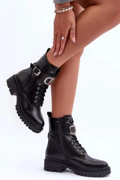 Clearance Modne Botki Workery Z Ozdobą Czarne Ollia Damskie Botki Sznurowane|Czarne Botki