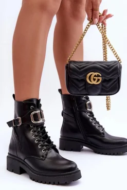 Clearance Modne Botki Workery Z Ozdobą Czarne Ollia Damskie Botki Sznurowane|Czarne Botki