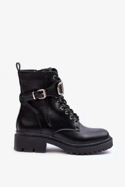 Clearance Modne Botki Workery Z Ozdobą Czarne Ollia Damskie Botki Sznurowane|Czarne Botki