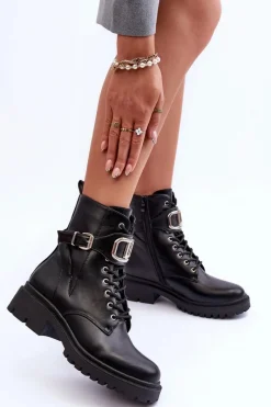 Clearance Modne Botki Workery Z Ozdobą Czarne Ollia Damskie Botki Sznurowane|Czarne Botki