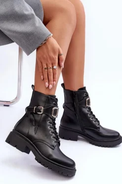 Clearance Modne Botki Workery Z Ozdobą Czarne Ollia Damskie Botki Sznurowane|Czarne Botki